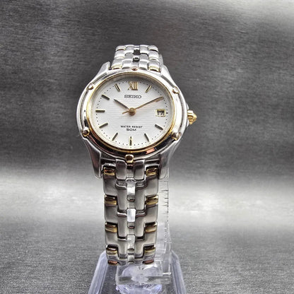 Seiko Watch Women 27mm White Dial Two Tone Date Round 7N82-0599 New Battery FDA5