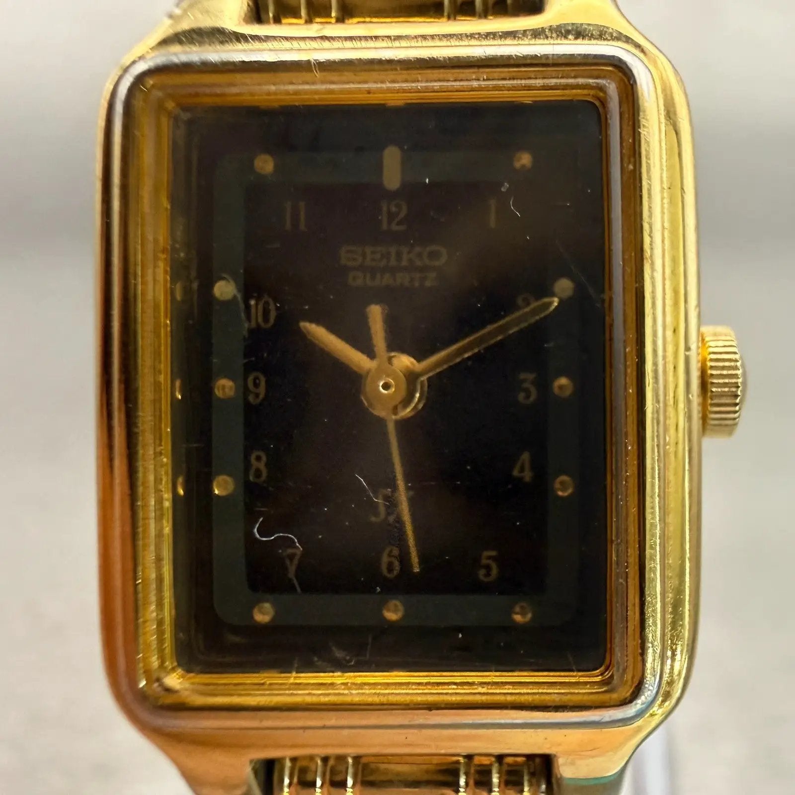 Seiko SX Watch Women 17mm Black Dial Gold Tone Rectangle V401-5121 New Battery1