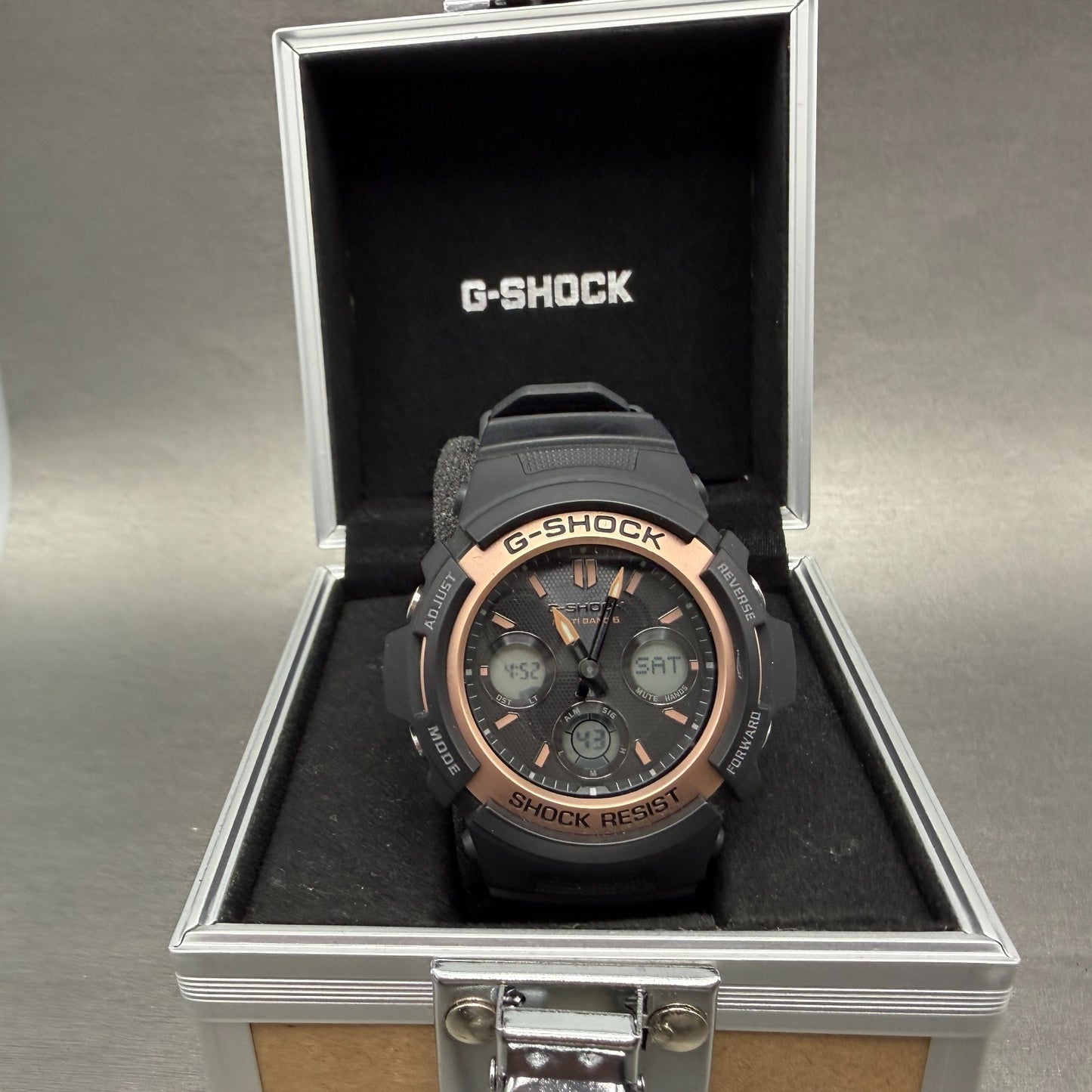 Casio G-Shock AWG-M100SF Watch Men 47mm Black Rose Gold Alarm Chrono Works Solar0