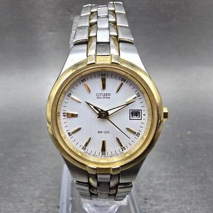 Citizen Eco-Drive Watch Women 26mm White Dial Two Tone Date E011-S049555 Runs HK0
