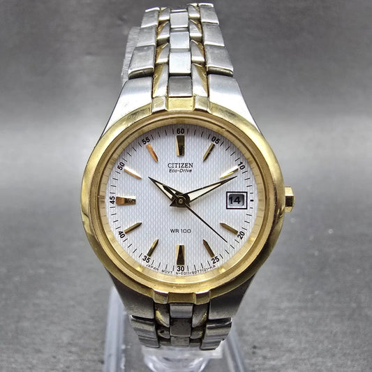 Citizen Eco-Drive Watch Women 26mm White Dial Two Tone Date E011-S049555 Runs HK0