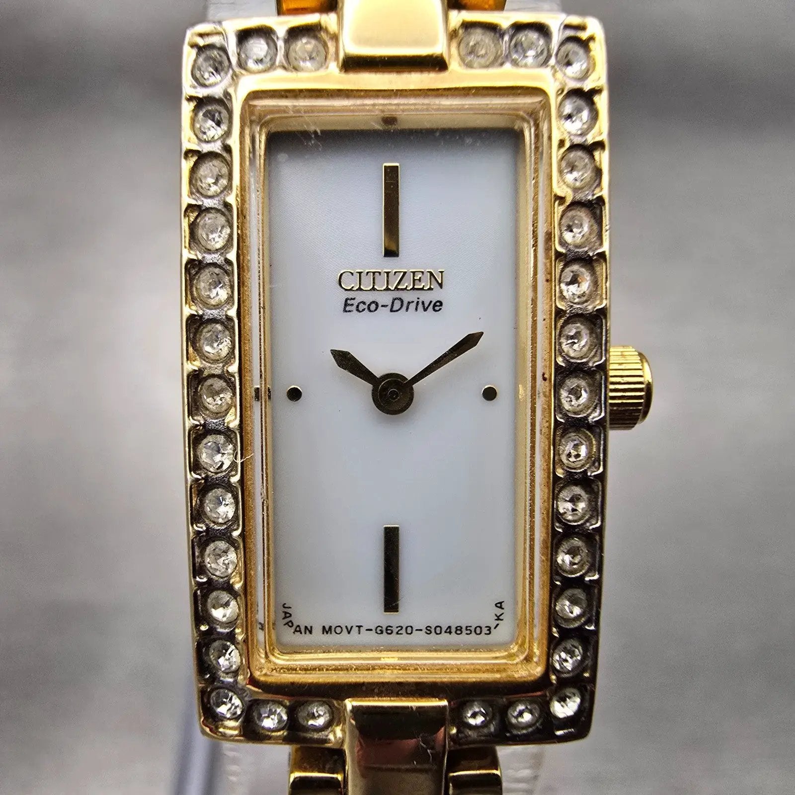 Citizen Eco-Drive Tank Watch Women 14mm White Dial Gold Tone Gemmed Bangle Works1