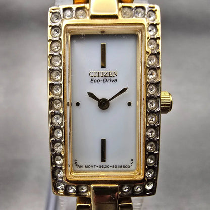 Citizen Eco-Drive Tank Watch Women 14mm White Dial Gold Tone Gemmed Bangle Works1