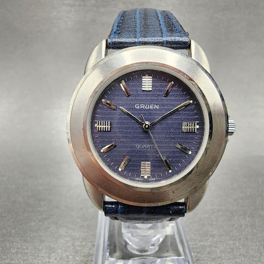 Gruen Watch Men 34mm Blue Dial Silver Tone Round Leather Band New Battery