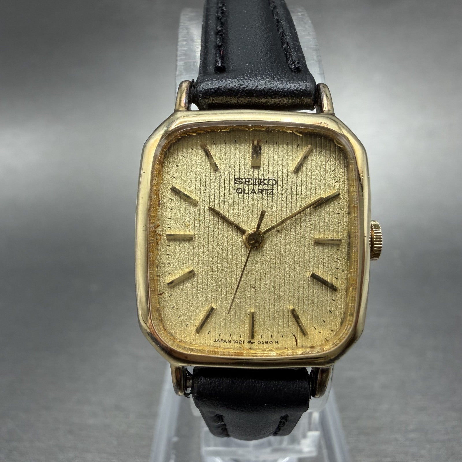 Seiko Tank Watch Women 20mm Champagne Dial Gold Tone 1421-5130 New Battery0