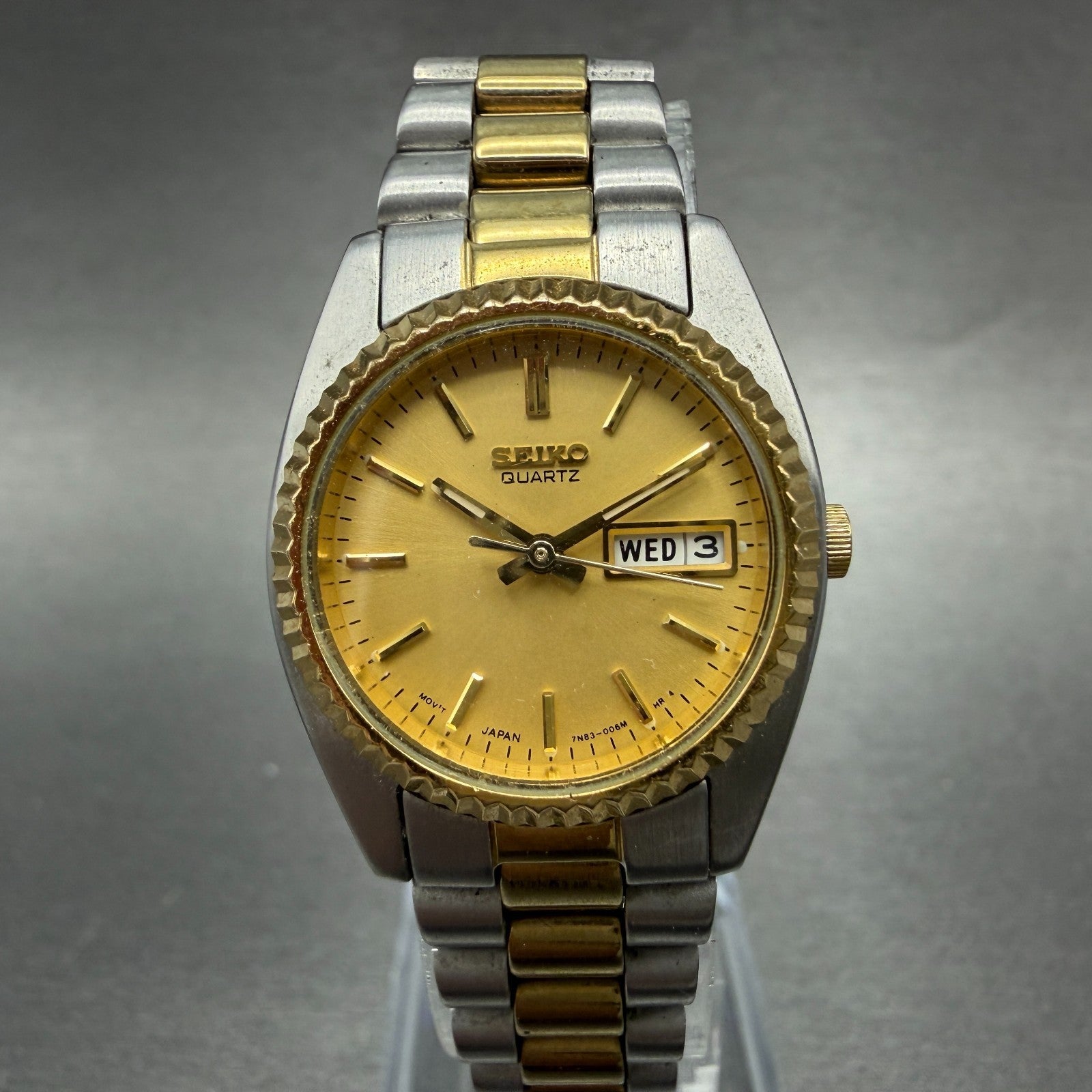 Seiko Watch Women 24mm Gold Dial Two Tone Daydate Round 7n83-0041 New Battery L60