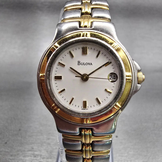 Bulova Watch Women 25mm White Dial Two Tone Date Round New Battery 98M36 Vintage0