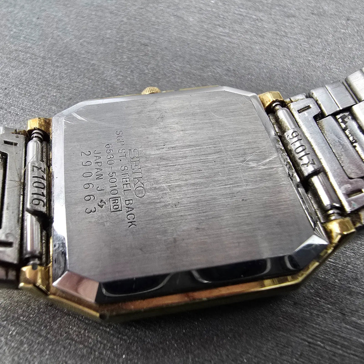 Seiko Tank Watch Men 29mm Gold Dial Gold Tone Rectangle 6530-5010 VTG PARTS10