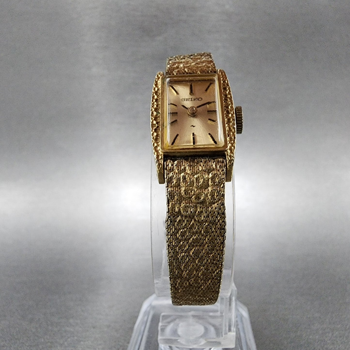 Seiko Tank Watch Women 15mm Champagne Dial Gold Tone Rectangle Manual Wind Runs5