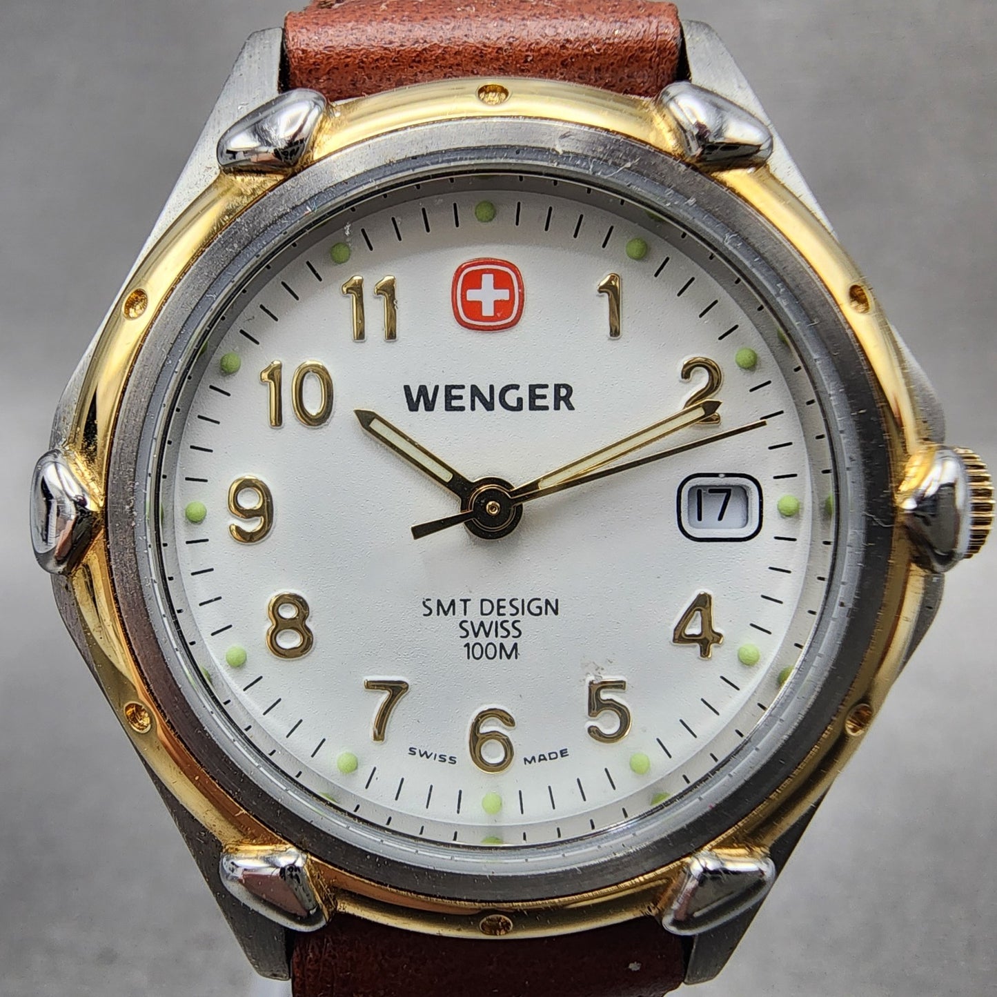 Wenger Watch Women 29mm White Dial Two Tone Date Round Leather Band New Battery1