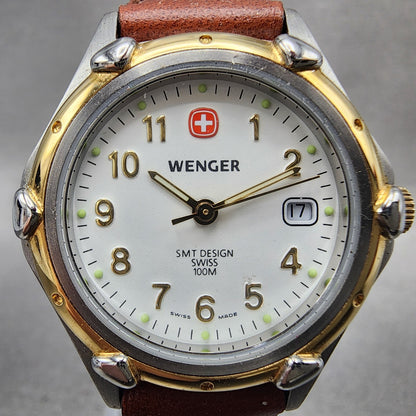 Wenger Watch Women 29mm White Dial Two Tone Date Round Leather Band New Battery1