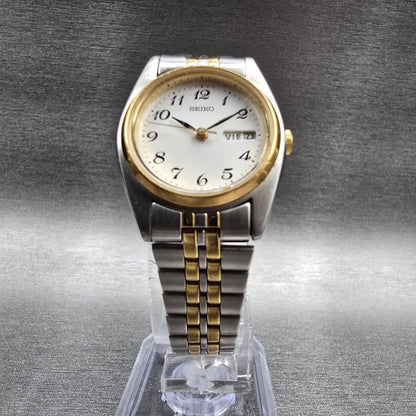 Seiko Watch Women 24mm White Dial Two Tone Daydate Round 7N83-0011 New Battery X5
