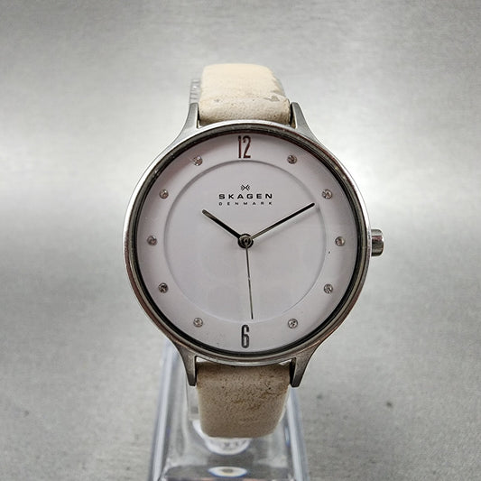 Skagen Watch Women 30mm White Dial Steel Round Leather Band SKW2145 New Battery