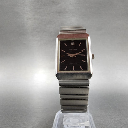 Gruen Tank Watch Women 20mm Black Dial Silver Tone Rectangle 227-2035 New Batt