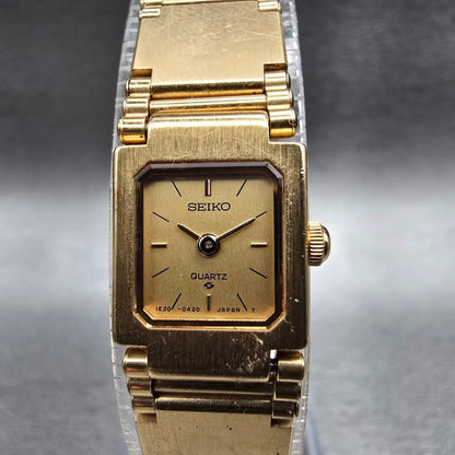 Seiko Watch Women 13mm Gold Dial Gold Tone Rectangle 1E20-5200 New Battery1