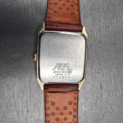 Seiko Watch Men 26mm Silver Dial Gold Tone Rectangle 6530-5500 New Battery JP2310