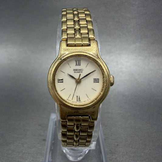 Seiko Watch Women 19mm White Dial Gold Tone Round V4010518 New Battery0