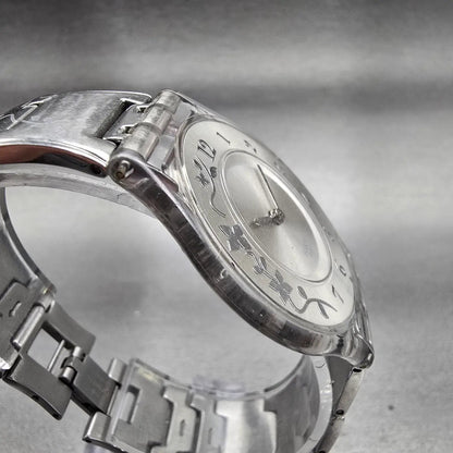 Swatch Skin CLIMBER FLOWERY Watch Women Silver Dial Clear Case SFK300G New Batt3