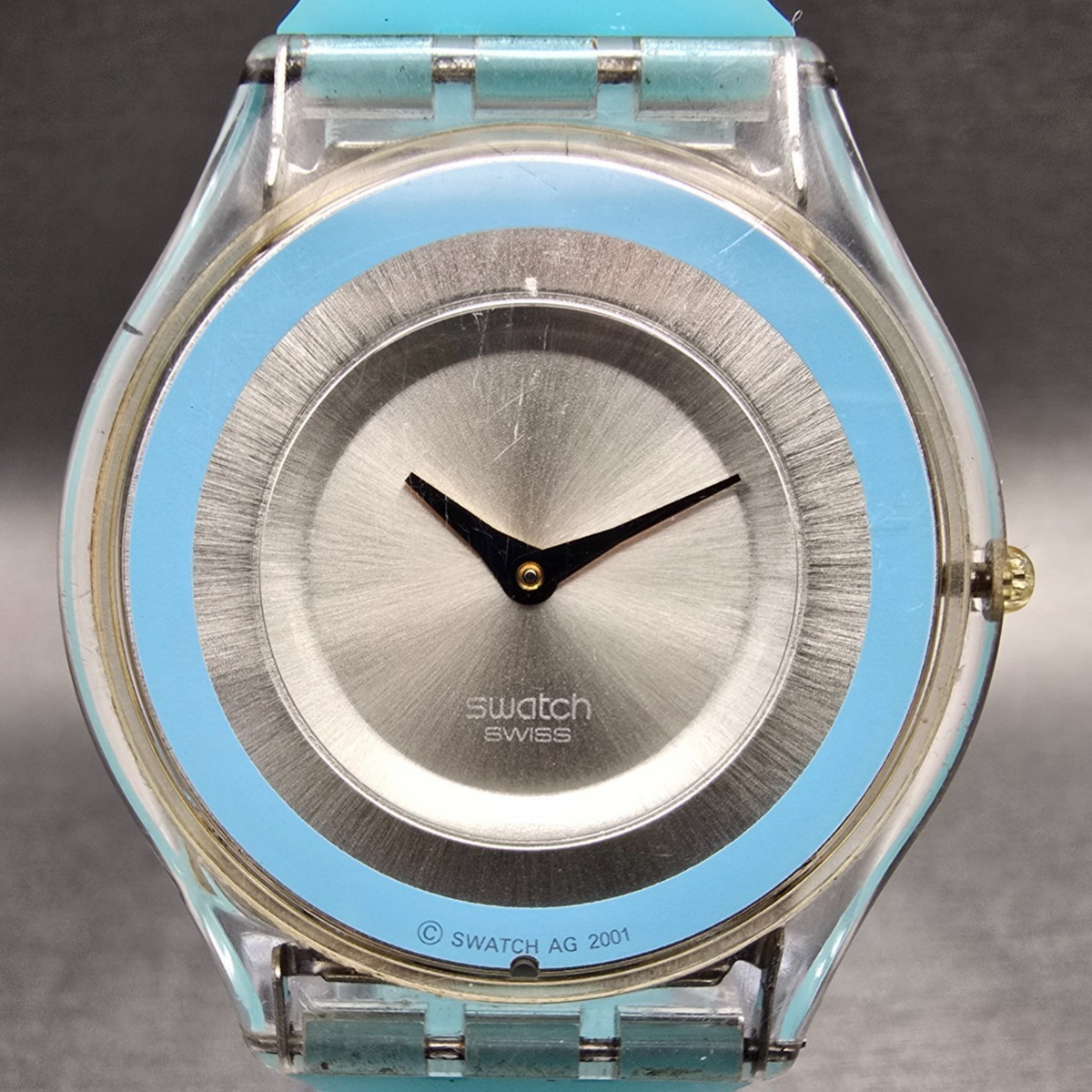 Swatch Skin Mille Linie Watch Women 34mm Silver Dial Clear Case SFK140 New Batt1