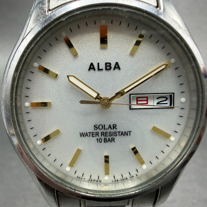 Seiko Alba Solar Watch Men 36mm Silver Dial Silver Tone Daydate V158-0AX0 Runs1