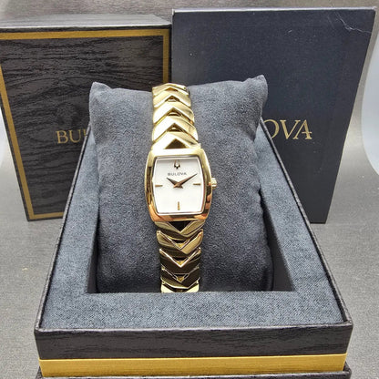Bulova Classic Watch Women 23mm MOP Dial Gold Tone Rectangle 97L183 New Battery0