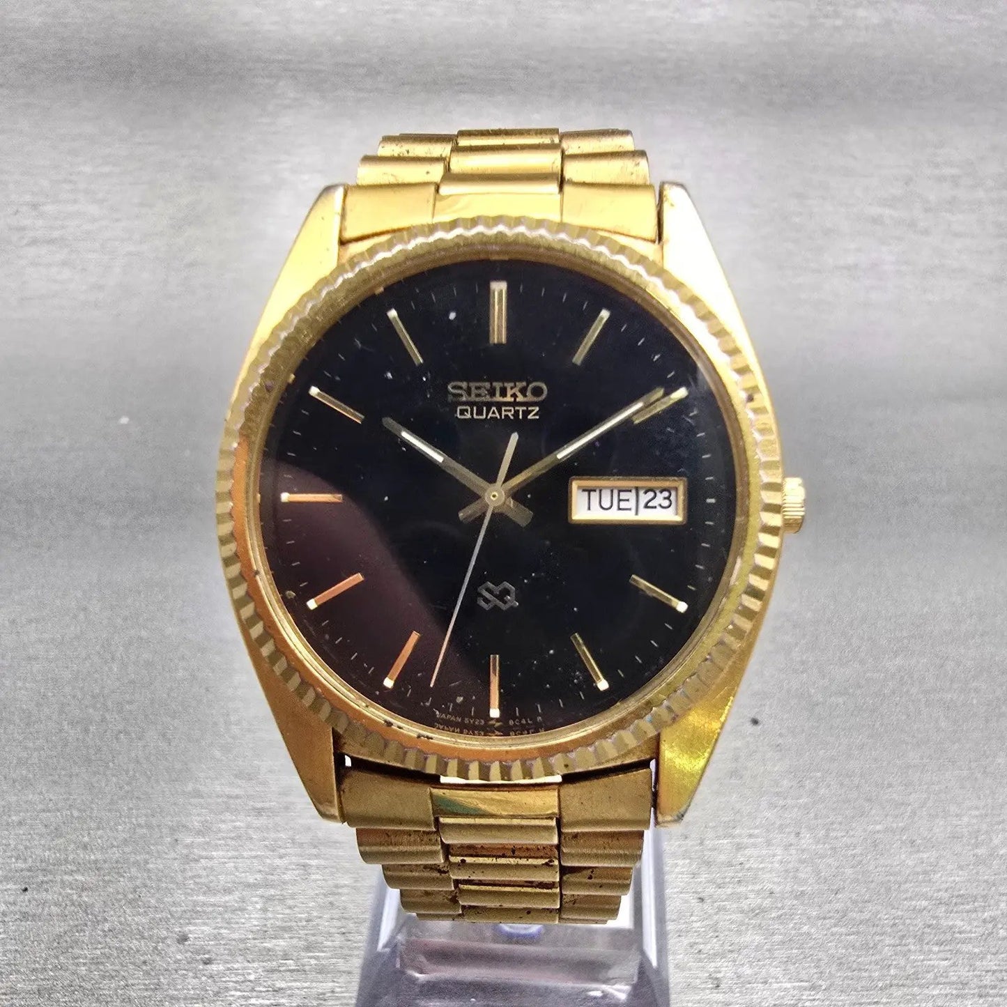 Seiko President Watch Men 36mm Black Dial Gold Tone Daydate 5Y23-8A60 New Batt0