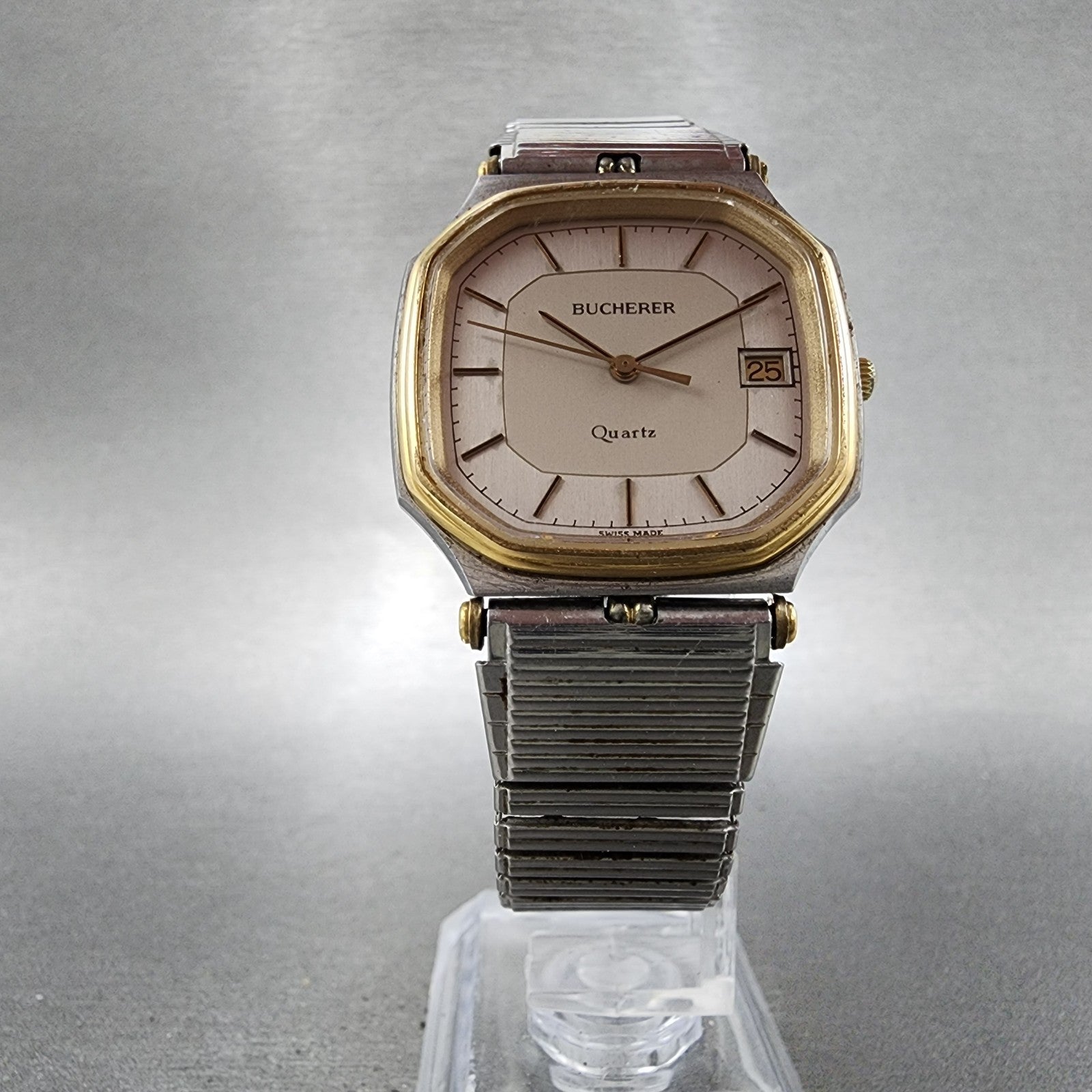 Bucherer Watch Men 31mm Silver Dial Two Tone Date Octagon 22027 New Battery5