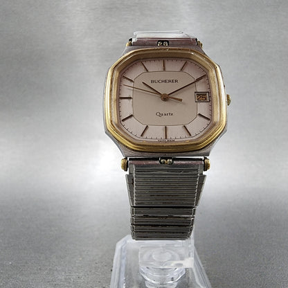 Bucherer Watch Men 31mm Silver Dial Two Tone Date Octagon 22027 New Battery5