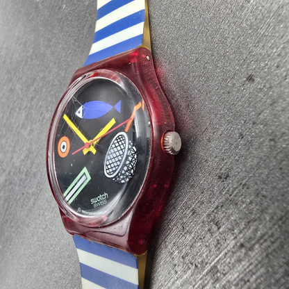 Swatch Fritto Misto Watch Men 34mm Black Dial Red Case Round GR114 New Battery4