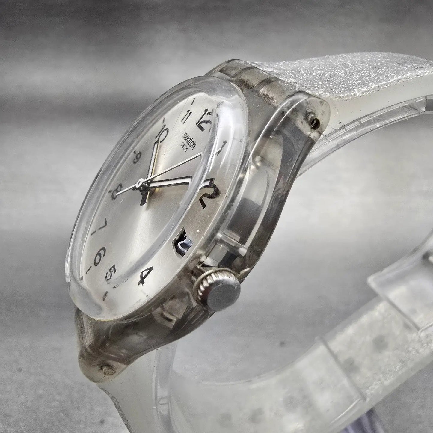 Swatch SILVERBLUSH Watch Men Silver Dial Clear Case Date GM416C New Battery G2