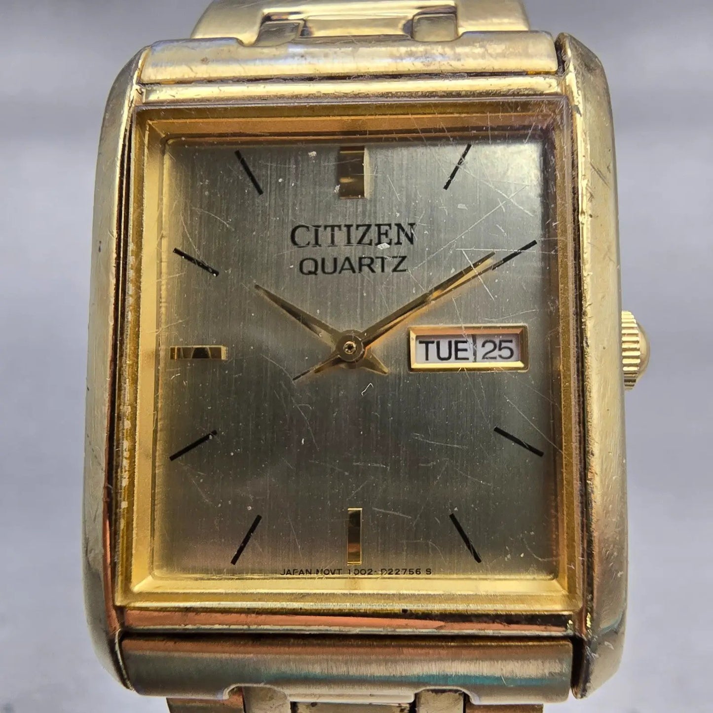 Citizen Watch Men 25mm Gold Dial Gold Tone Daydate Rectangle 1002-S99299 New Bat1