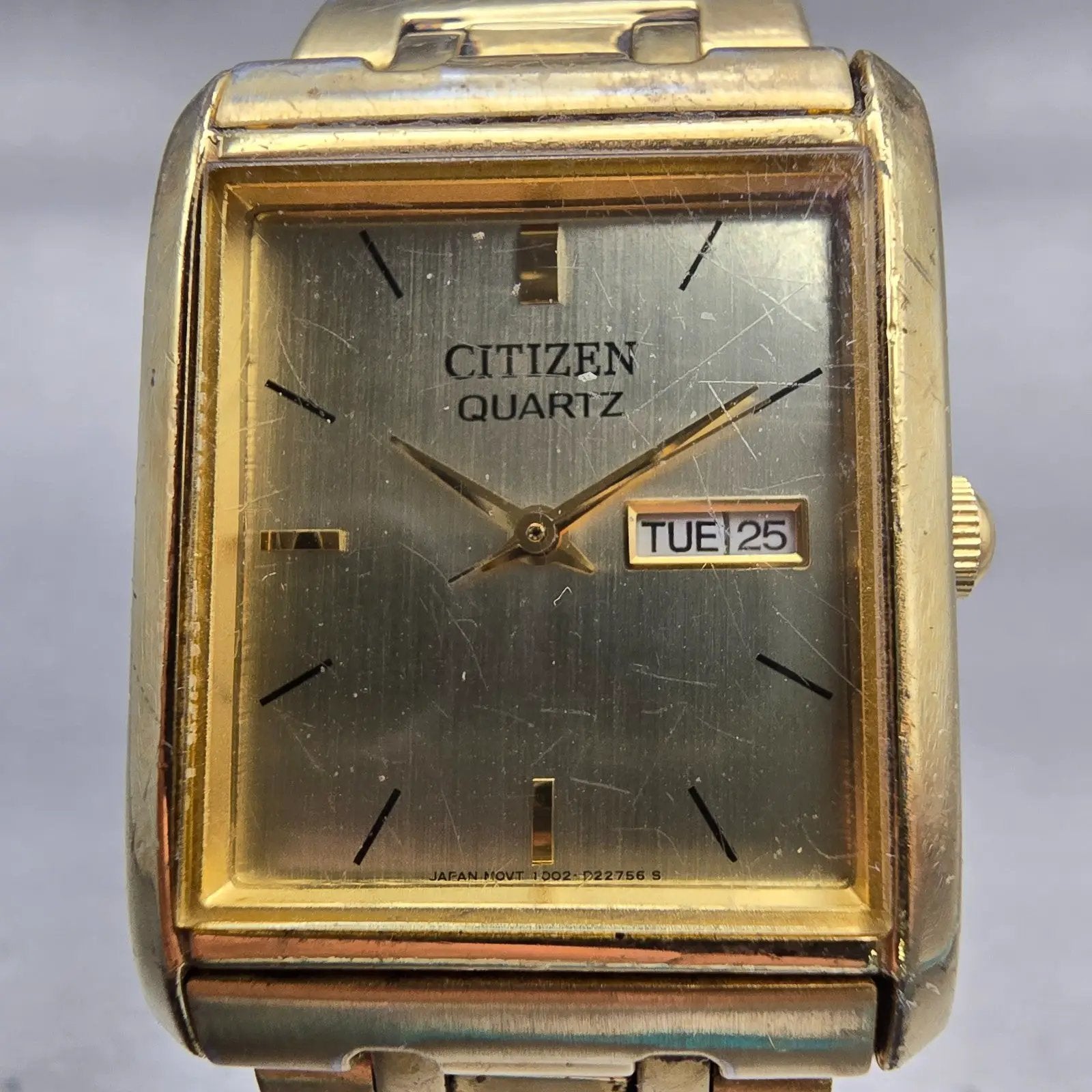 Citizen Watch Men 25mm Gold Dial Gold Tone Daydate Rectangle 1002-S99299 New Bat1