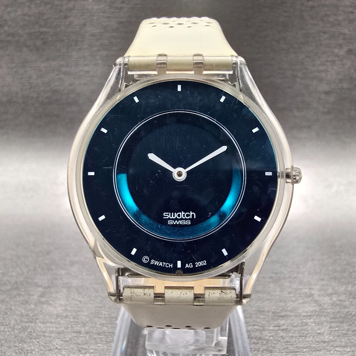 Swatch Turquoisia Watch Women 34mm Blue Dial Clear Case Round SFK172 New Battery0