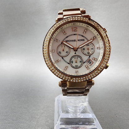 Michael Kors Parker Watch Women 39mm MOP Dial Rose Gold Tone Daydate New Battery5