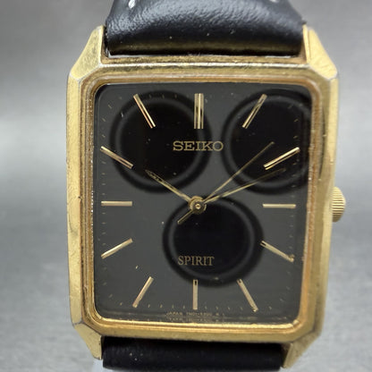 Seiko Spirit Tank Watch Men 25mm Black Dial Gold Tone Rectangle 7N01-5180 Newbat1