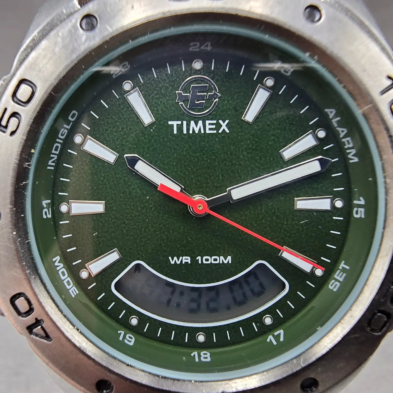 Timex Watch Men 40mm Green Dial Silver Tone Analog Digital T45201 New Battery1