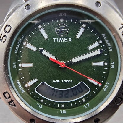 Timex Watch Men 40mm Green Dial Silver Tone Analog Digital T45201 New Battery1