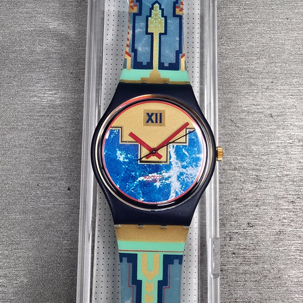 Swatch Blue Flamingo Watch Men 34mm Blue Dial Black Case GN114 New Battery NOS0