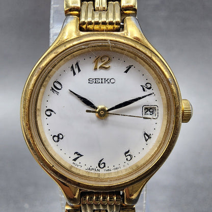 Seiko Watch Women 23mm White Dial Gold Tone Date Round 7N820228 New Battery B121
