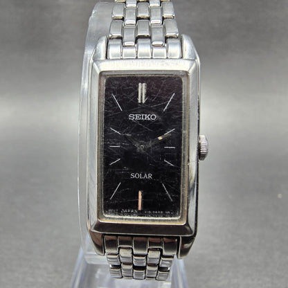 Seiko Solar Tank Watch Women 15mm Black Dial Silver Tone V116-0AA0 Runs0