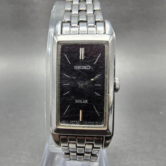 Seiko Solar Tank Watch Women 15mm Black Dial Silver Tone V116-0AA0 Runs0