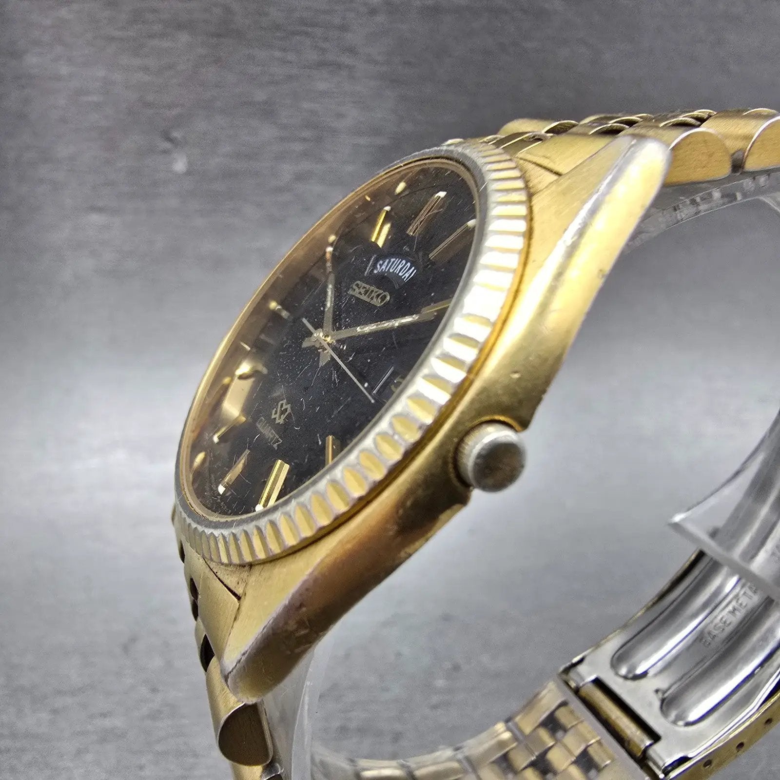 Seiko President Watch Men 36mm Black Dial Gold Tone Daydate 5Y23-8A69 New Batt Q2