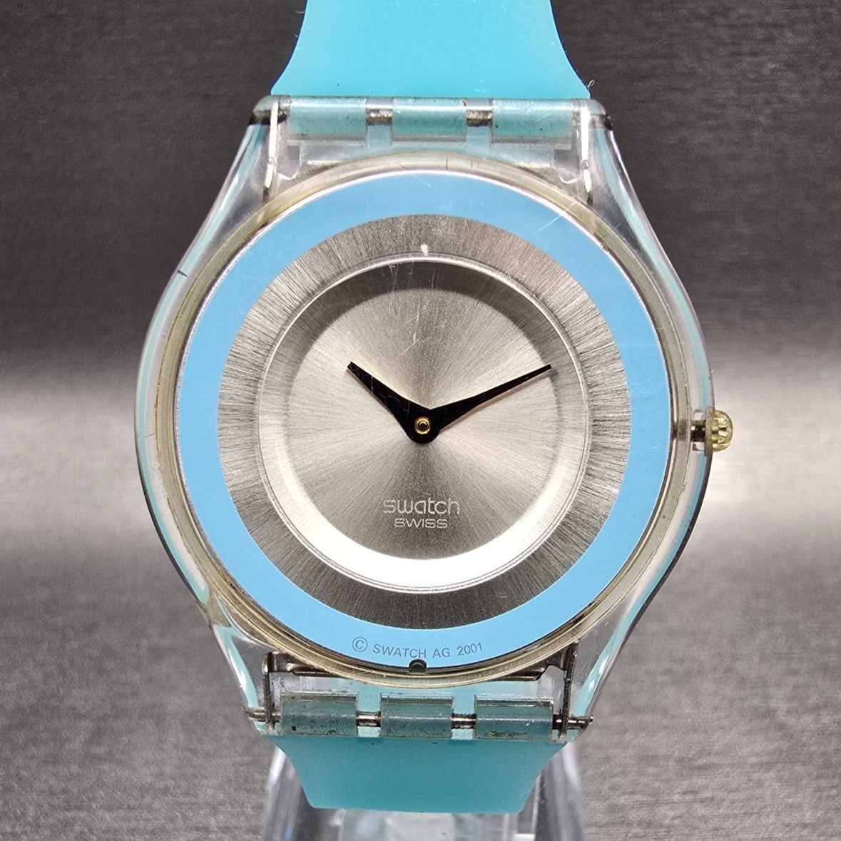 Swatch Skin Mille Linie Watch Women 34mm Silver Dial Clear Case SFK140 New Batt0