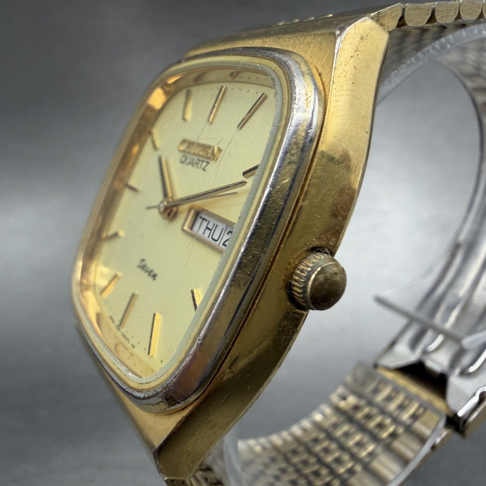 Citizen Seven Watch Men 32mm Champagne Dial Gold Tone Daydate Octagon New Batt2