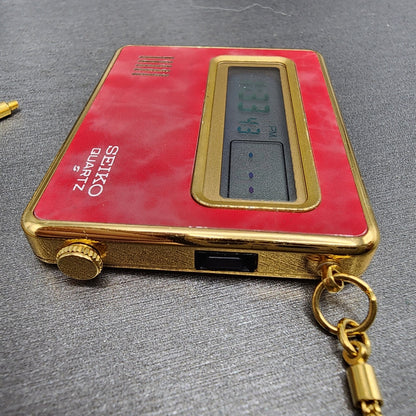 Seiko Travel Alarm Clock Digital 61mm Red Gold Tone 7412803Q New Batteyr5