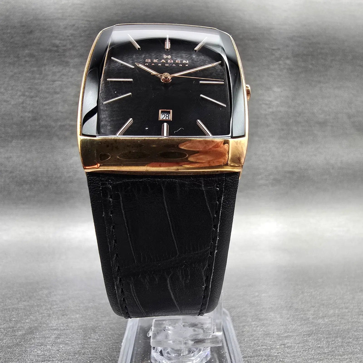 Skagen Watch Men 33mm Black Dial Rose Gold Date Rectangle 984LRLB New Battery5