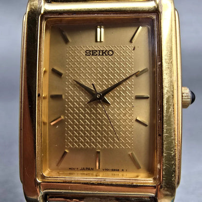 Seiko Tank Watch Men 25mm Gold Tone Gold Dial Rectangle V701-5E49 New Battery1