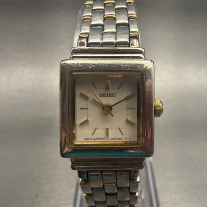 Seiko Watch Women 18mm White Dial Two Tone Rectangle V401-5849 New Battery0