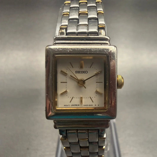 Seiko Watch Women 18mm White Dial Two Tone Rectangle V401-5849 New Battery0