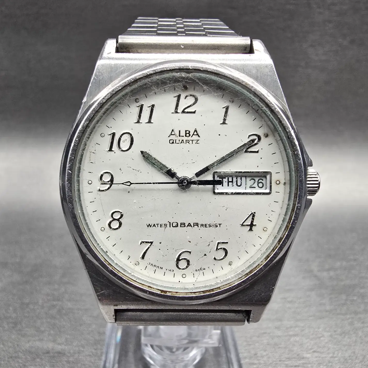 Seiko Alba Watch Men 34mm Silver Dial Silver Tone Daydate Y143-8280 New Battery0